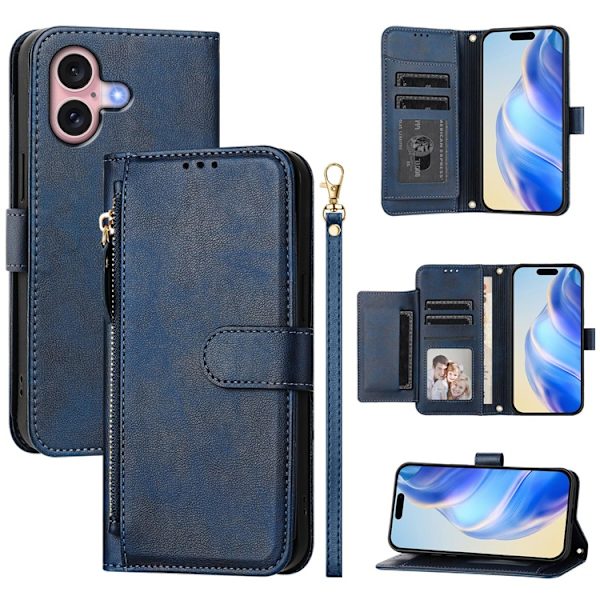 iPhone 16 Plånboksfodral Zipper Pocket Konstläder - Blå Blå