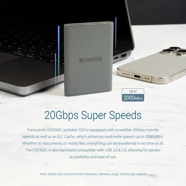 Transcend Portabel Mini SSD USB-C 2TB - Grå Grå
