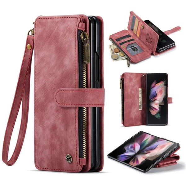 CASEME Galaxy Z Fold 4 Plånboksfodral Zipper PU-Läder Stativ - Röd