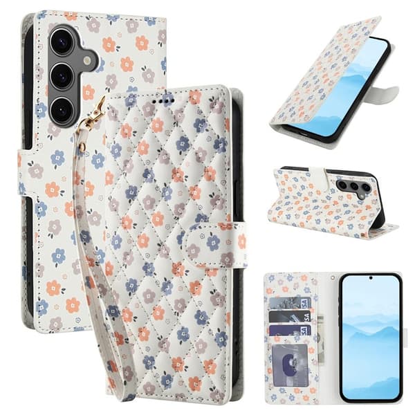 Samsung Galaxy S26 Plus Plånboksfodral Rhombic Blommönster Konstläder - Vit