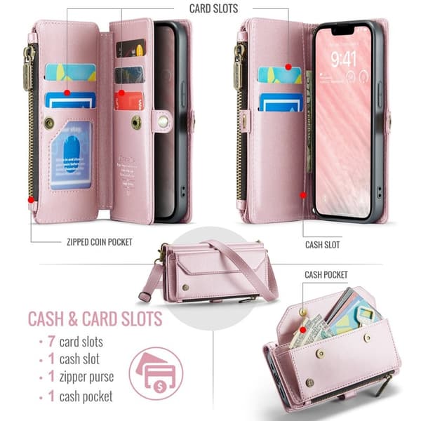 CASEME Plånboksfodral Konstläder för iPhone 16e med kortfack - Rosa