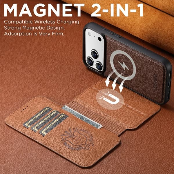 SUTENI iPhone 17 Pro Konstläder Plånboksfodral MagSafe Detachable Litchi - Brun Brun