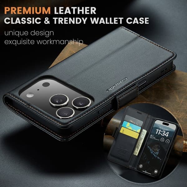 CASEME 023 iPhone 17 Pro Max Plånboksfodral RFID-Skydd Konstläder Svart