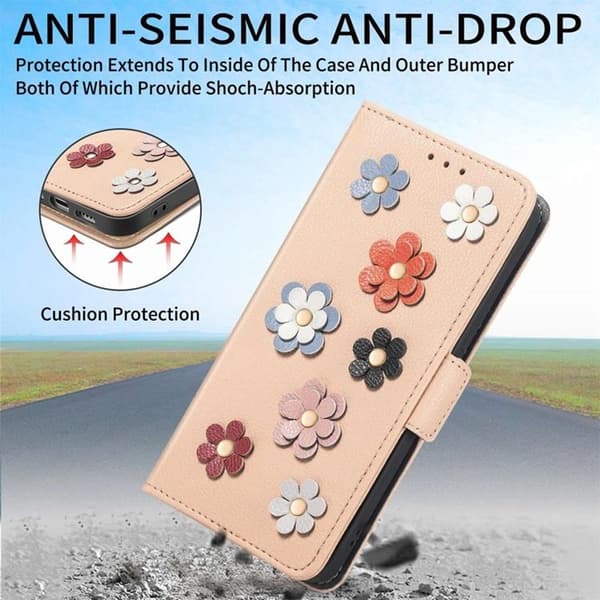 iPhone 14 Pro Lompakkokotelo Flower Decor Magnetic - Khaki Beige