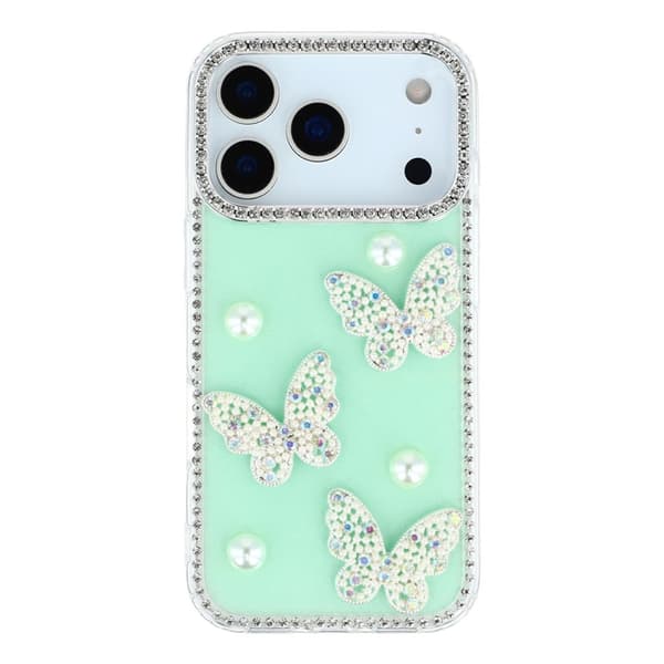 Mobilskal till iPhone 17 Pro Max Rhinestone Edge Pearl Butterfly Grön