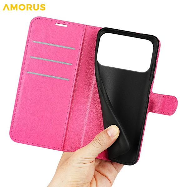 AMORUS iPhone 17 Pro Konstläder Plånboksfodral Flipstativ Litchi - Rosa Rosa