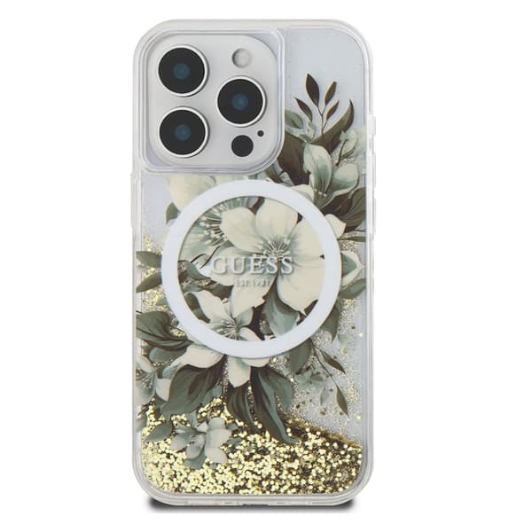 Guess Mobilskal till iPhone 16 Pro MagSafe Liquid Glitter Flower Beige