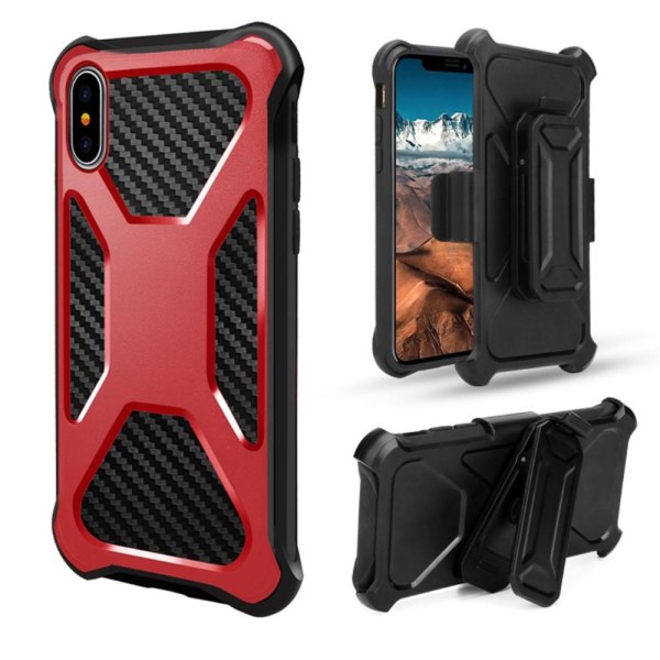 Carbon Fiber Texture 2-in-1 mobilskal med bältesfodral iPhone XS Röd