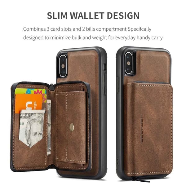 JEEHOOD Mobilskal till iPhone XS Max Detachable Zipper Wallet Brun