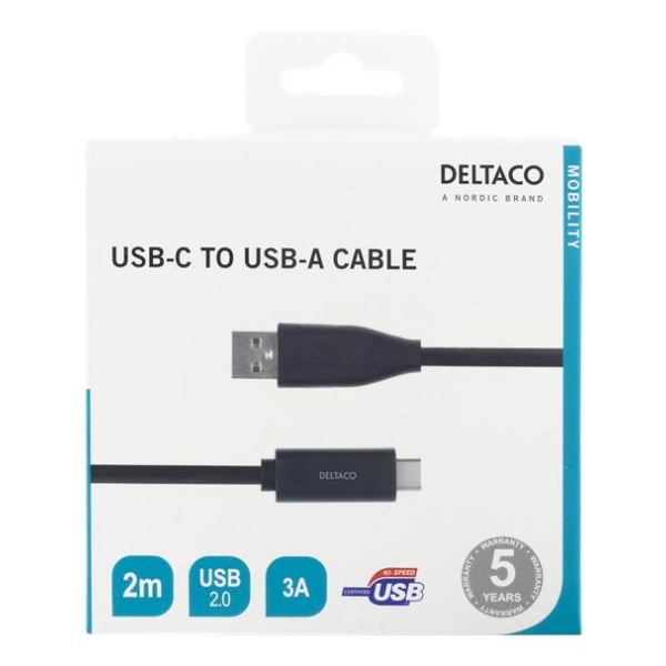 DELTACO USB-C til USB-A kabel, 2m, USB 2.0