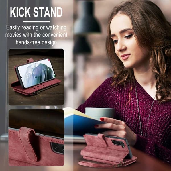 CASEME Konstläder Plånboksfodral för Samsung Galaxy S21+ 5G Röd