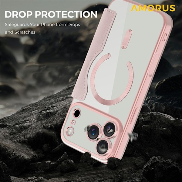 AMORUS iPhone 17 Pro Plånboksfodral MagSafe RFID-Skydd - Rosa Rosa