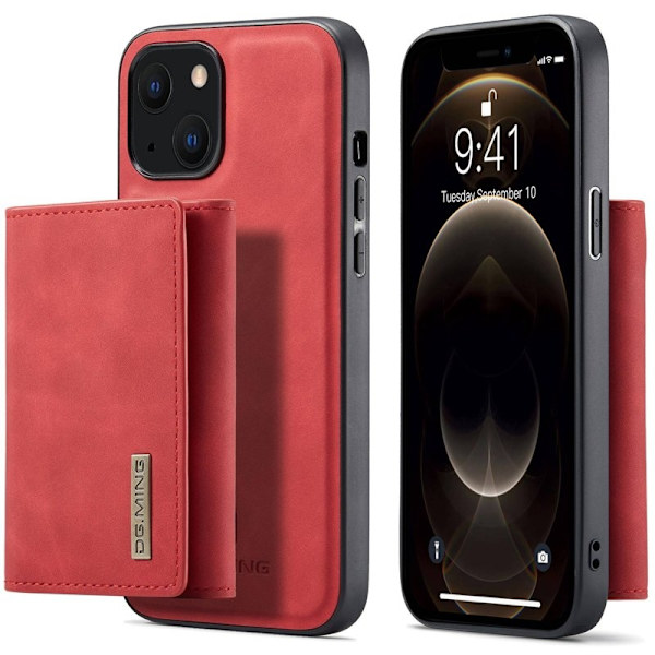 DG.MING iPhone 14 Konstläder Plånboksfodral 2-i-1 Röd