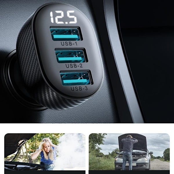 Joyroom Billaddare 3.4A 3x USB-A med Display - Svart Svart