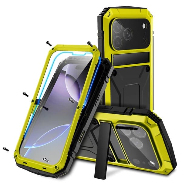 R-JUST Mobilskal till iPhone 17 Pro PC + Silikon + Metall Kickstand Gul