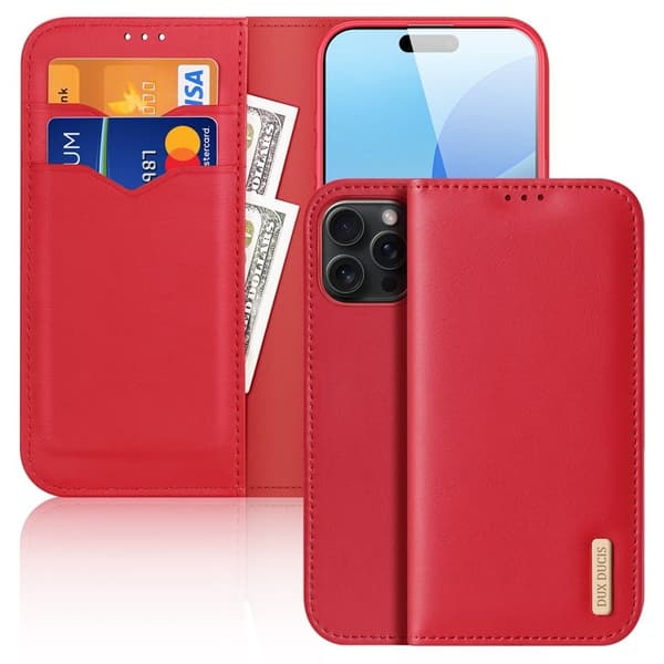 DUX DUCIS Hivo Series iPhone 16 Pro Plånboksfodral Äkta läder - Röd