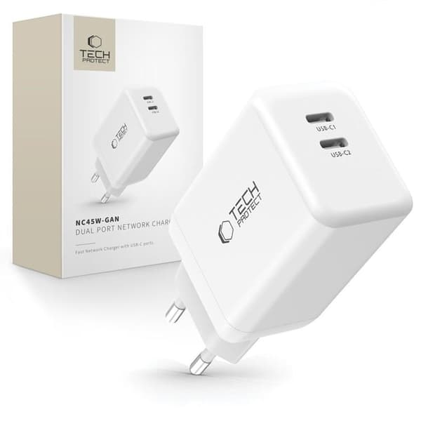 Tech-Protect NC45W-GAN 2-Port Snabbladdare PD 45W - Vit Vit