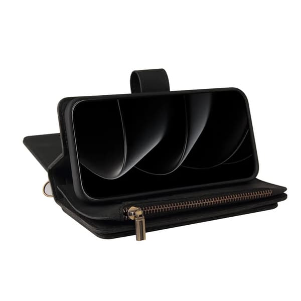 iPhone 17 Pro Konstläder Plånboksfodral Zipper Rem Svart