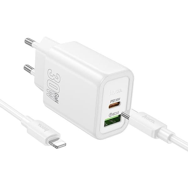 HOCO Snabbladdare USB/USB-C 30W USB-C/Lightning Kabel N63 QC PD Vit