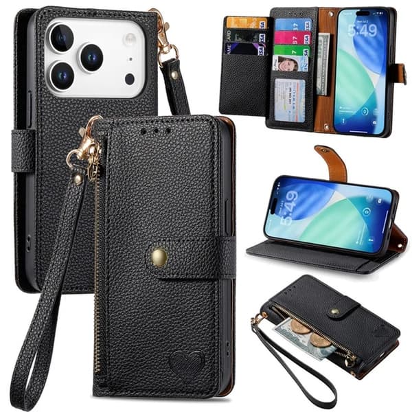 iPhone 17 Pro Max Konstläder Plånboksfodral RFID-Skydd Zipper med rem - Svart Svart