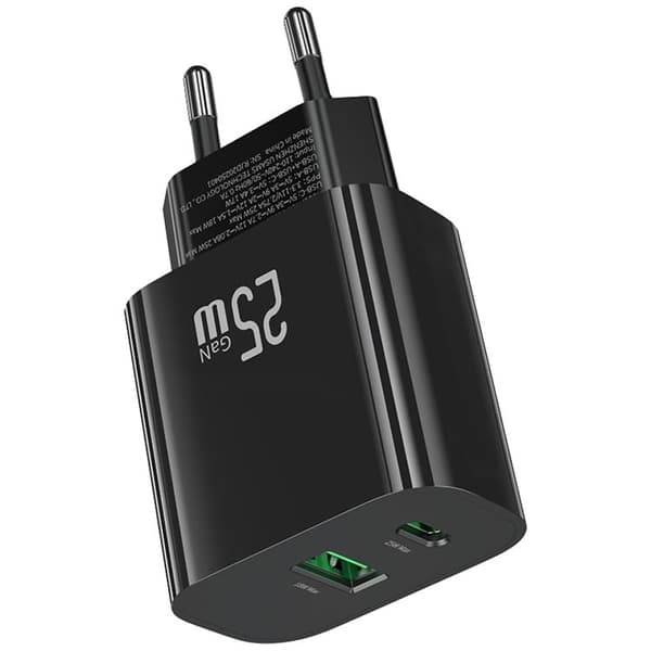 USAMS Snabbladdare 25W 1xUSB-C 1xUSB-A CC315 - Svart Svart