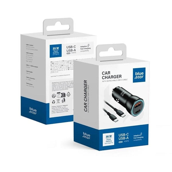 Blue Star Biloplader 30W USB-C+Kabel USB-C Til USB-C 60W - Sort Black