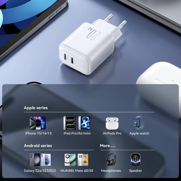 Joyroom Hurtigoplader 20W 2xUSB-C PD QC 3.0 - Hvid Vit