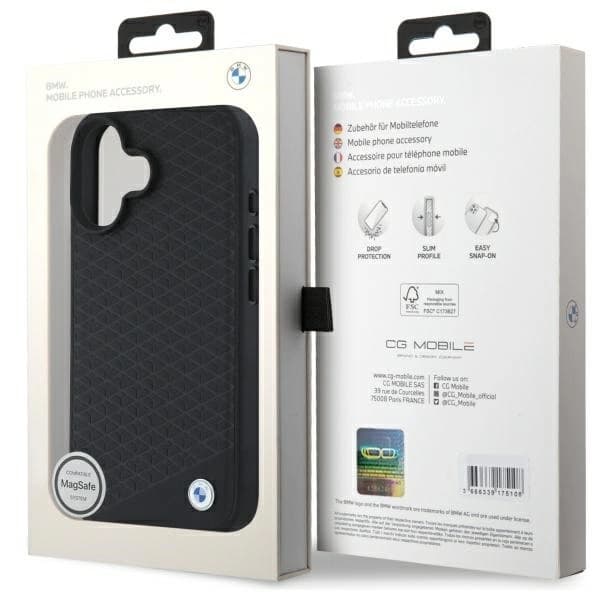 BMW telefontaske til iPhone 16 MagSafe Diamond Metal Logo - Sort Black