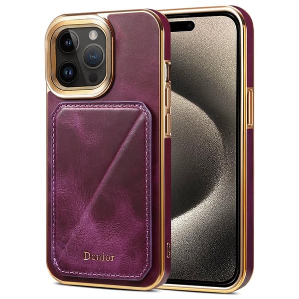 DENIOR Mobilskal till iPhone 15 Pro Max Kortfodral Äkta Läder TPU PC Lila