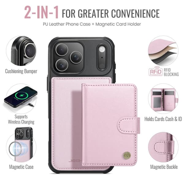JEEHOOD J09 Mobilskal till iPhone 17 Pro RFID Låsfunktion Läder Rosa