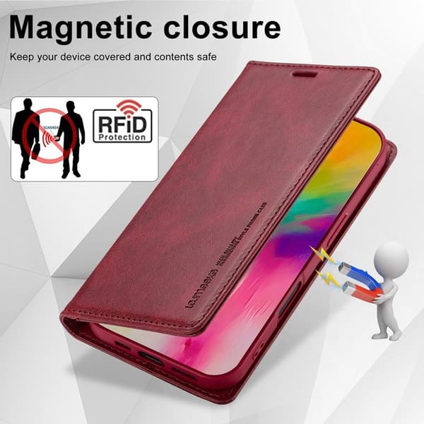 LC.IMEEKE iPhone 16 Plånboksfodral Konstläder - RFID, Kortfack - Röd
