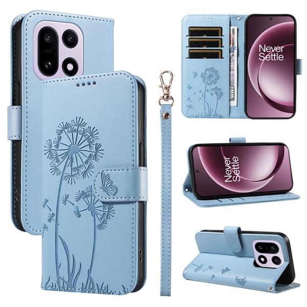 OnePlus 15 Plånboksfodral Dandelion Imprint Konstläder Blå