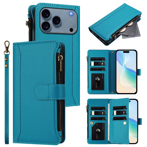 iPhone 17 Pro Plånboksfodral Zipper Med Rem - Blå Blå