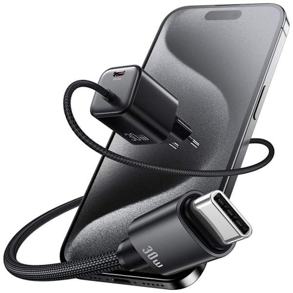 USAMS Hurtigoplader 30W 2xUSB-C GaN Mini JC - Sort Svart