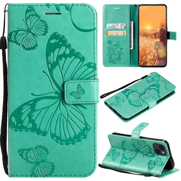 Butterflies lompakkokotelo iPhone 13 Mini - turkoosi