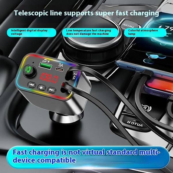Billaddare med Infällbart USB-C/Lightning Kabel FM Transmitter Svart