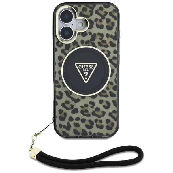 Guess Mobilskal till iPhone 16 MagSafe IML Leopard Triangle Cord Strap - Brun Brun