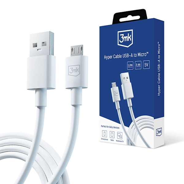 3MK Hyper Kabel USB-A Till Micro-USB 5V 2.4A 1.2m - Vit Vit