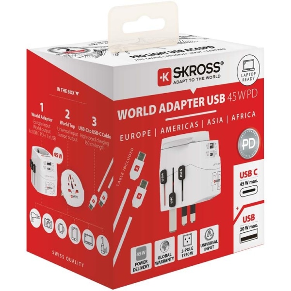 SKROSS World Adapter USB-A/USB-C 45W - valkoinen