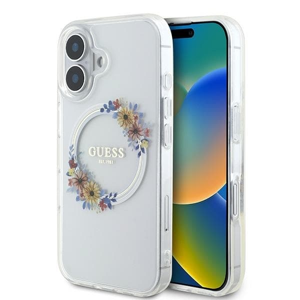 Guess Telefontaske til iPhone 16 Plus MagSafe IML Blomsterkrans - Gennemsigtig Transparent
