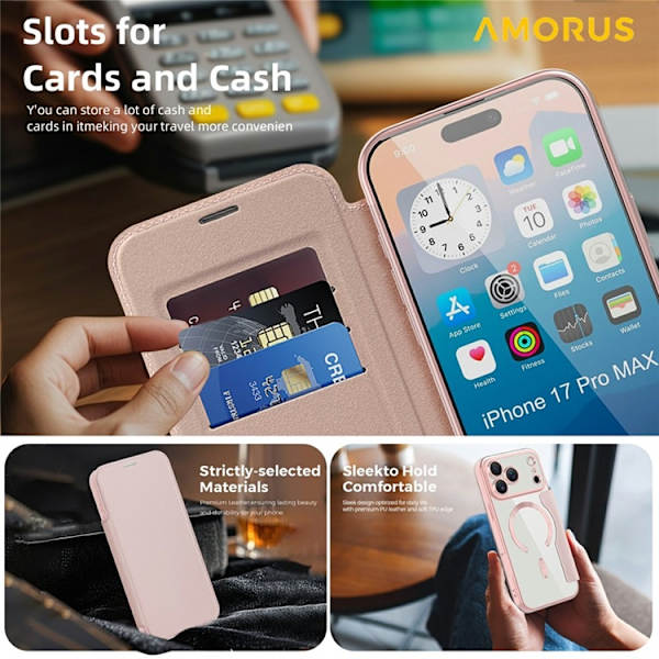 AMORUS iPhone 17 Pro Plånboksfodral MagSafe RFID-Skydd - Rosa Rosa