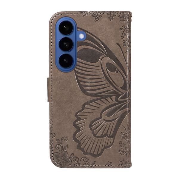 Samsung Galaxy S26 Plus Skal Fjärilsdesign PU Läder Flip - Grå