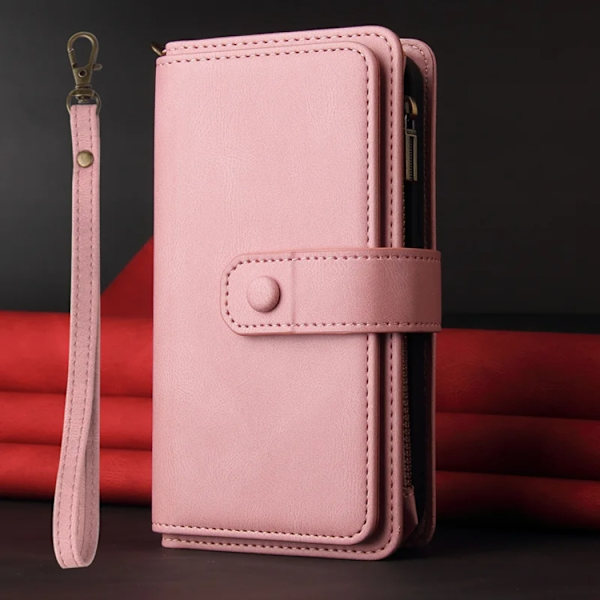 iPhone 17 Pro Konstläder Plånboksfodral Zipper Rem Rosa