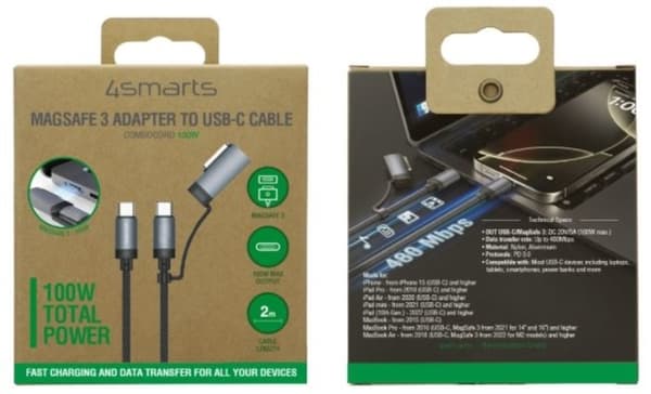 4marts USB-C Till USB-C Kabel 2m Med Magsafe Adapter - Svart