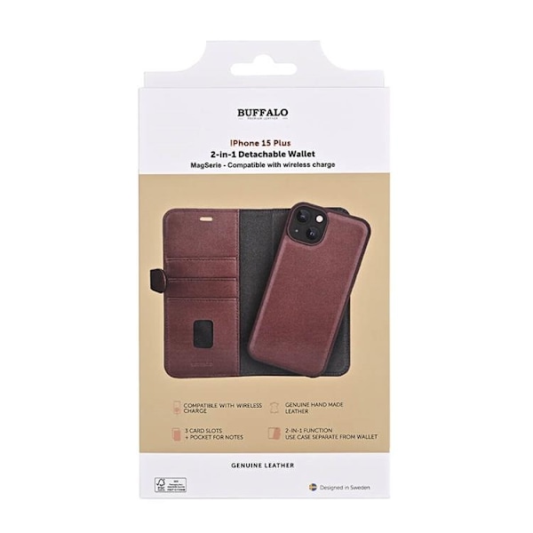 BUFFALO äkta läder iPhone 15 Plus Plånboksfodral 3 Kort Magsafe - Brun