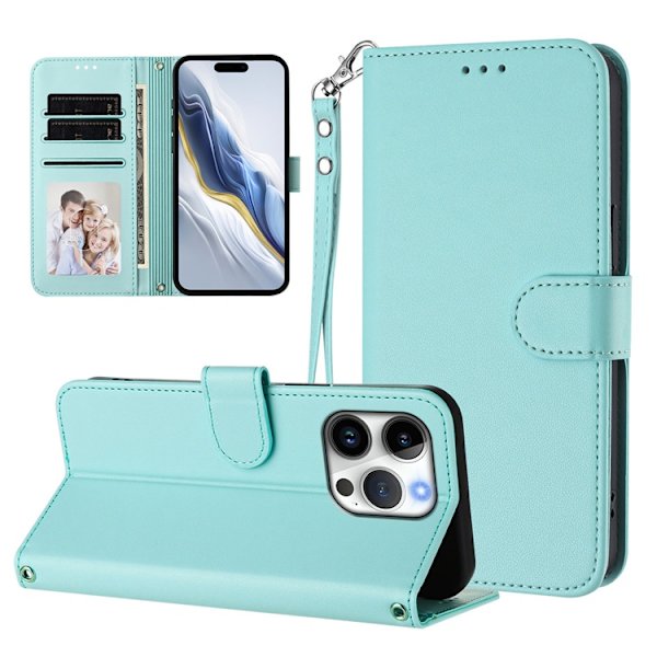 iPhone 15 Pro Plånboksfodral Läder med Handledsrem - Mintgrön Grön