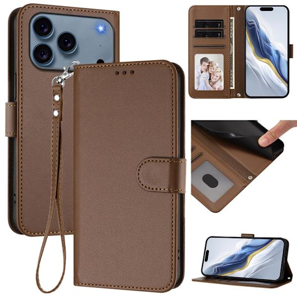 iPhone 17 Pro Plånboksfodral Läder med Handledsrem - Brun Brun