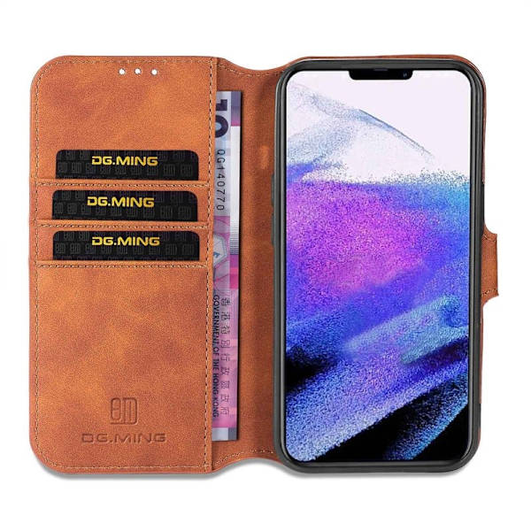 DG.MING iPhone 14 Pro Max Konstläder Plånboksfodral Retro Stil Magnetisk Brun