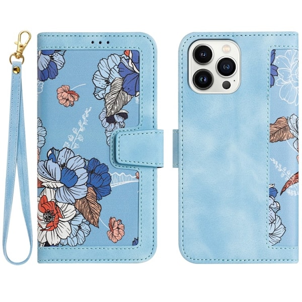 iPhone 15 Pro Max Plånboksfodral Flower Pattern - Ljusblå Blå