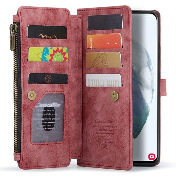 CASEME Konstläder Plånboksfodral för Samsung Galaxy S21+ 5G Röd